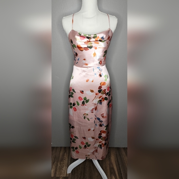 SHEIN Floral Draped Crisscross Tie Back Satin Cami Dress. Size: Small - Picture 2 of 12